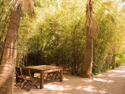 Espace repas extérieur isolé avec une solide table en bois et des chaises pliantes, aménagé sur un chemin de gravier entre palmiers et un écran de bambou dense avec guirlandes lumineuses.