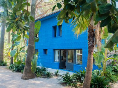 Maison à deux étages avec une façade bleue vive texturée et un toit de tuiles en terre cuite, nichée dans un jardin tropical luxuriant avec des palmiers et un chemin de gravier.