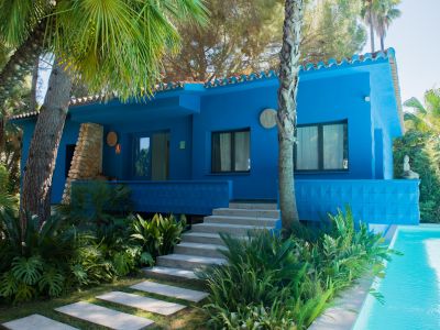 Maison bleu vif avec toit en tuiles, entourée de jardins tropicaux luxuriants et de palmiers. Des escaliers en béton mènent à une terrasse surélevée donnant sur une piscine.