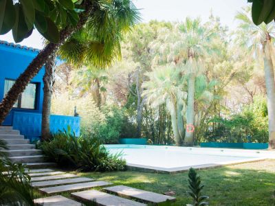 Piscine sereine au cœur d'un jardin tropical luxuriant, avec des pas en béton, un bâtiment bleu vif aux détails géométriques et des palmiers matures.