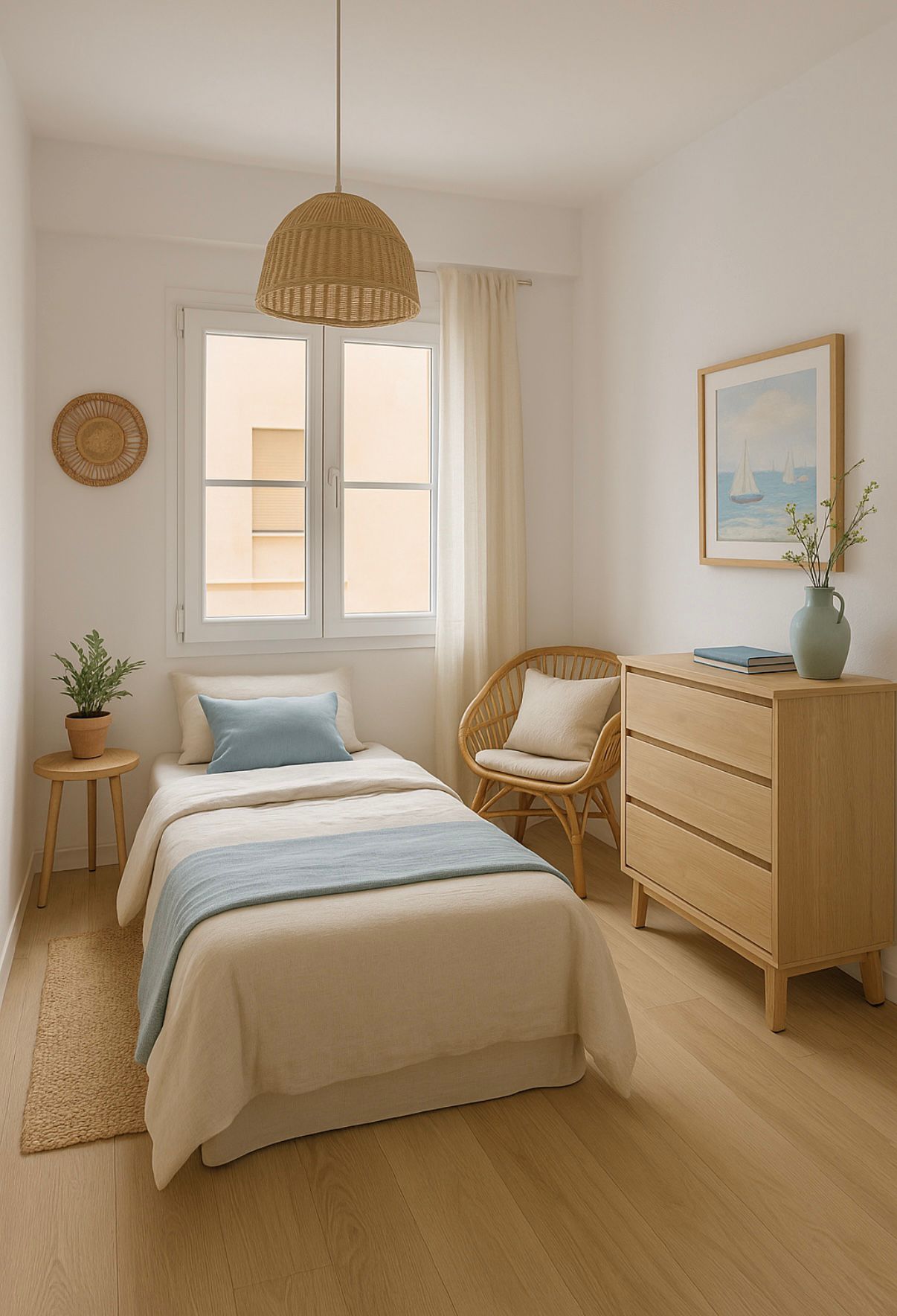 Chambre individuelle avec lit aux tons neutres et bleus. Présente un mobilier en bois clair et rotin, une suspension tressée et une lumière naturelle abondante.