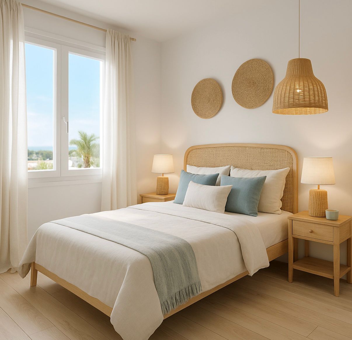Chambre lumineuse avec un lit en bois et tête de lit en rotin, tables de chevet et lampes assorties. Une grande fenêtre offre une vue partielle sur les palmiers et la mer, complétant le parquet clair et le décor côtier.