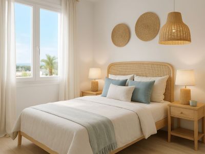 Chambre lumineuse avec un lit en bois et tête de lit en rotin, tables de chevet et lampes assorties. Une grande fenêtre offre une vue partielle sur les palmiers et la mer, complétant le parquet clair et le décor côtier.