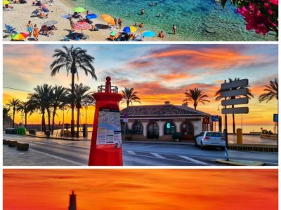Collage illustrant l'essence de Jávea : une plage animée aux eaux turquoise, une promenade au coucher du soleil avec palmiers et un point d'information rouge, et un phare en silhouette sous un ciel ardent.