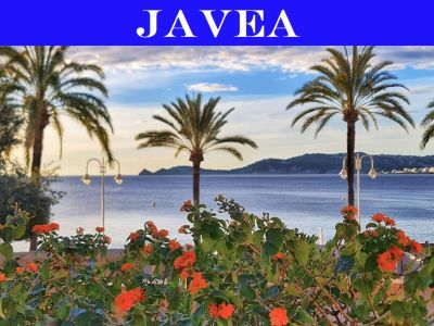 Vue côtière de Javea avec des buissons de fleurs oranges au premier plan, des palmiers élancés et la mer Méditerranée calme, sous un ciel serein.