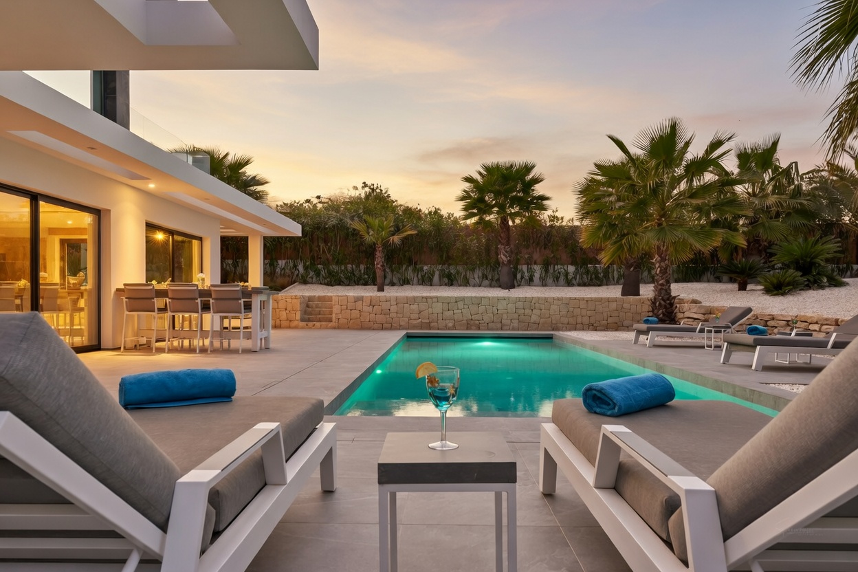 La piscine rectangulaire illuminée ancre une vaste terrasse carrelée, bordée de chaises longues modernes et d'un élégant bar extérieur, le tout encadré de palmiers luxuriants au crépuscule.