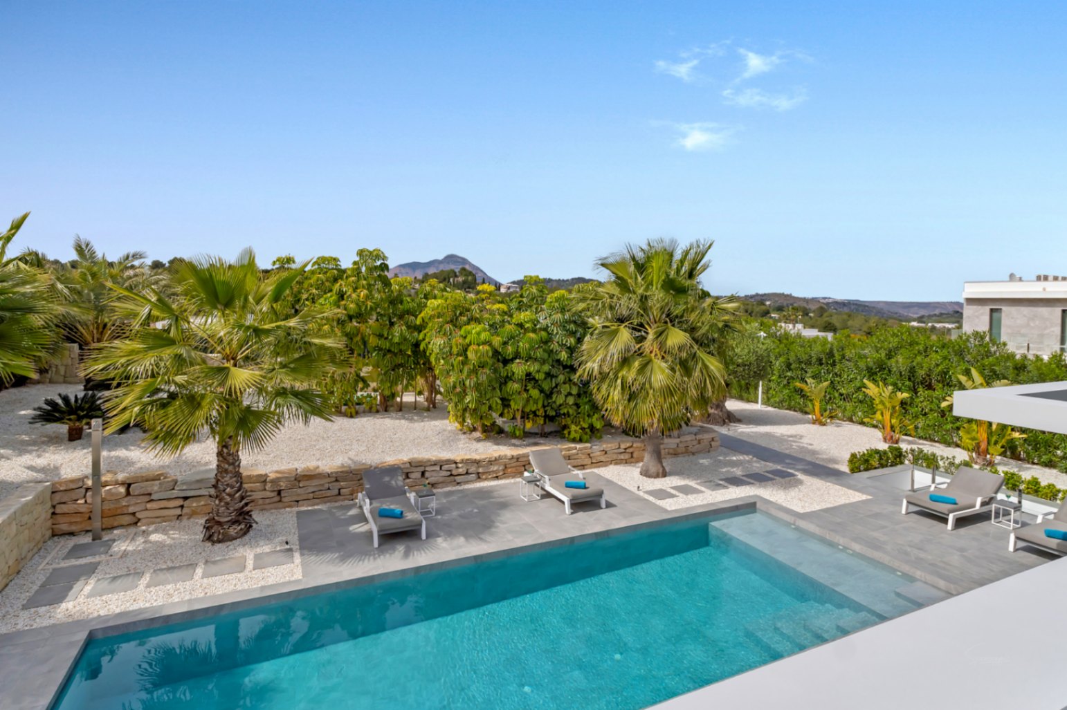 Piscine rectangulaire moderne avec plage carrelée grise et chaises longues, entourée d'un jardin de gravier blanc avec palmiers et mur en pierre, sous un ciel bleu dégagé.