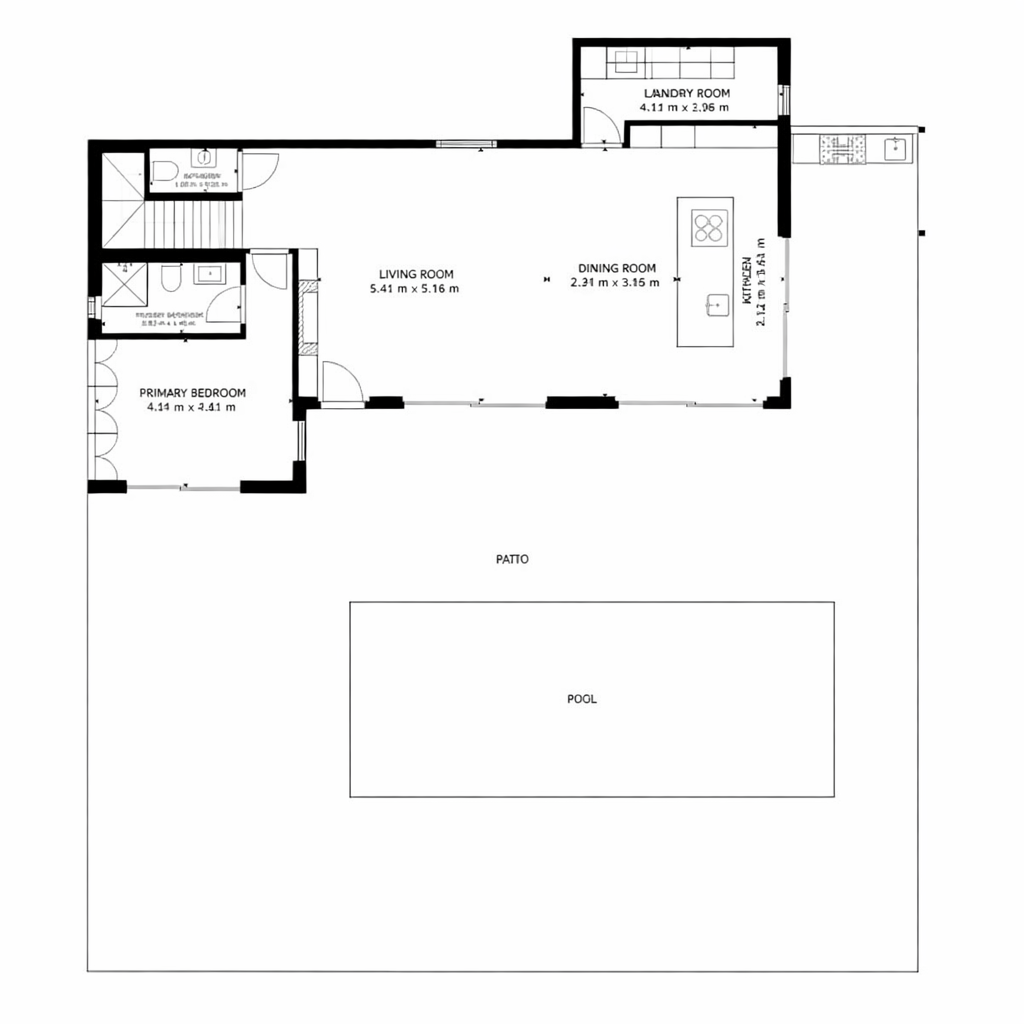 Plan d'étage principal détaillant le salon, la salle à manger et la cuisine ouverts, une chambre principale avec salle de bain attenante, une salle de bain supplémentaire, une buanderie, un patio extérieur et une piscine.
