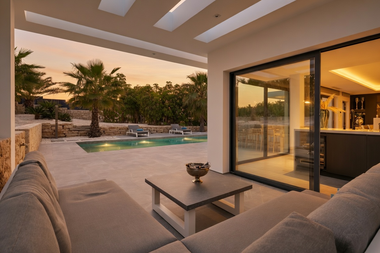Terrasse couverte avec canapé modulaire et table basse, offrant une vue sur la piscine éclairée, les palmiers et le ciel au coucher du soleil. De grandes baies vitrées mènent à l'intérieur.