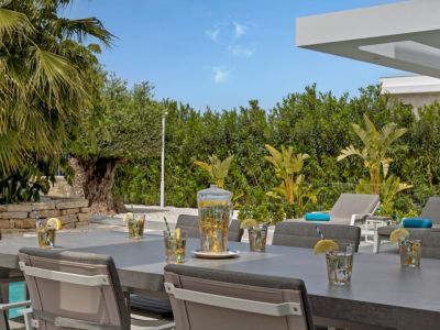 Espace repas extérieur avec une table grise moderne dressée de boissons rafraîchissantes, entouré d'une végétation luxuriante offrant intimité et transats sous un ciel clair.