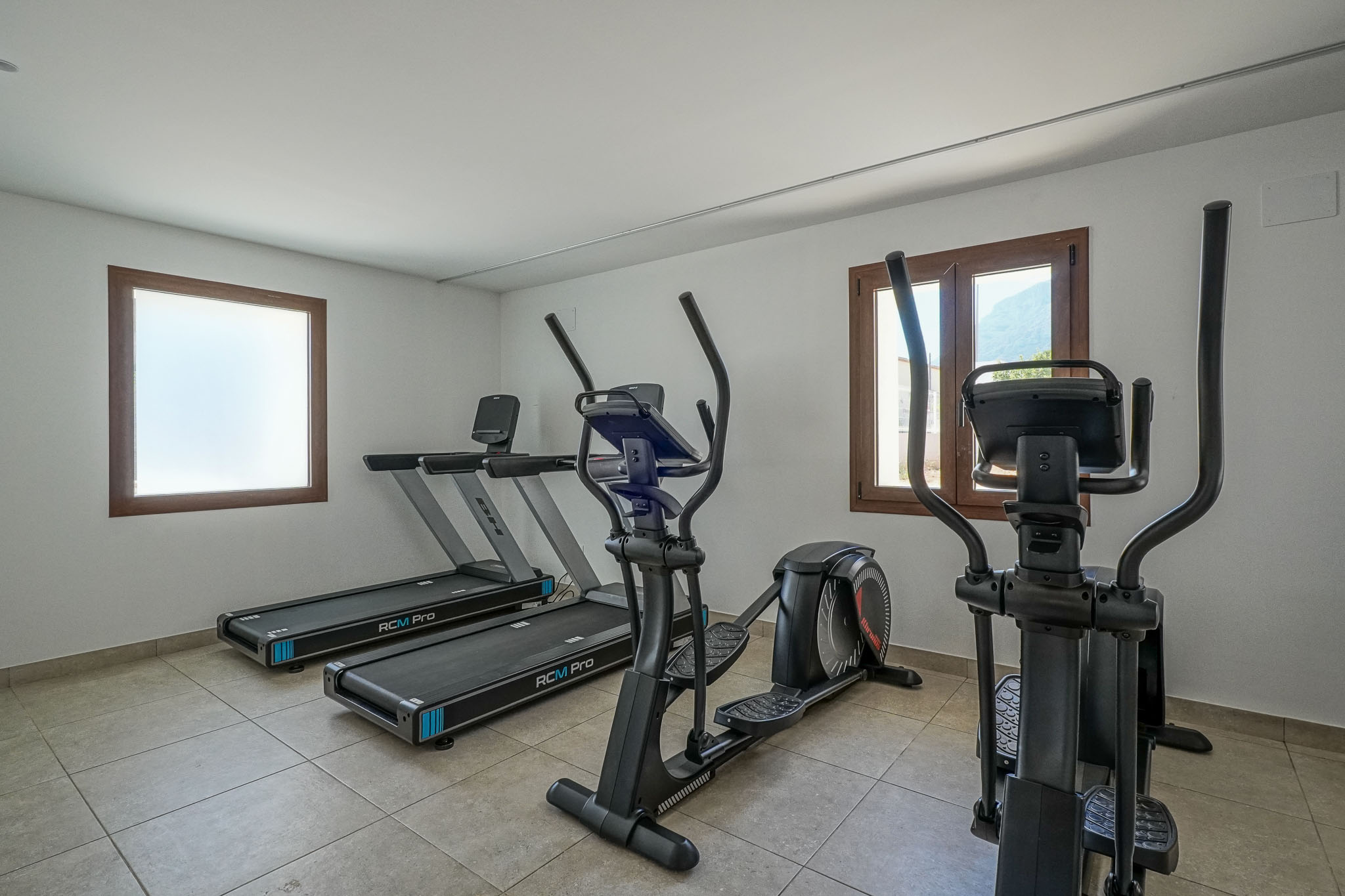 Salle de sport résidentielle équipée de deux tapis de course BH RCM Pro et deux vélos elliptiques. Elle dispose d'un sol carrelé, de murs blancs et de fenêtres à cadres en bois, l'une avec vue sur la montagne.