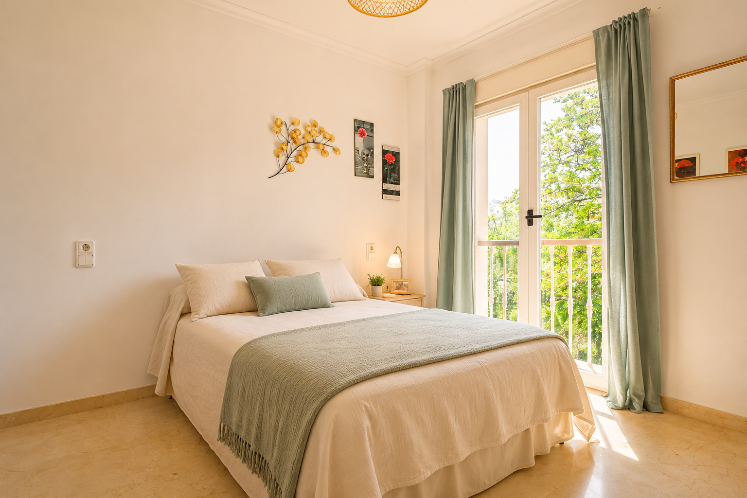 Chambre lumineuse avec lit double, sol en marbre clair et accès direct à un balcon offrant une vue verdoyante. Rideaux vert menthe et décoration murale.