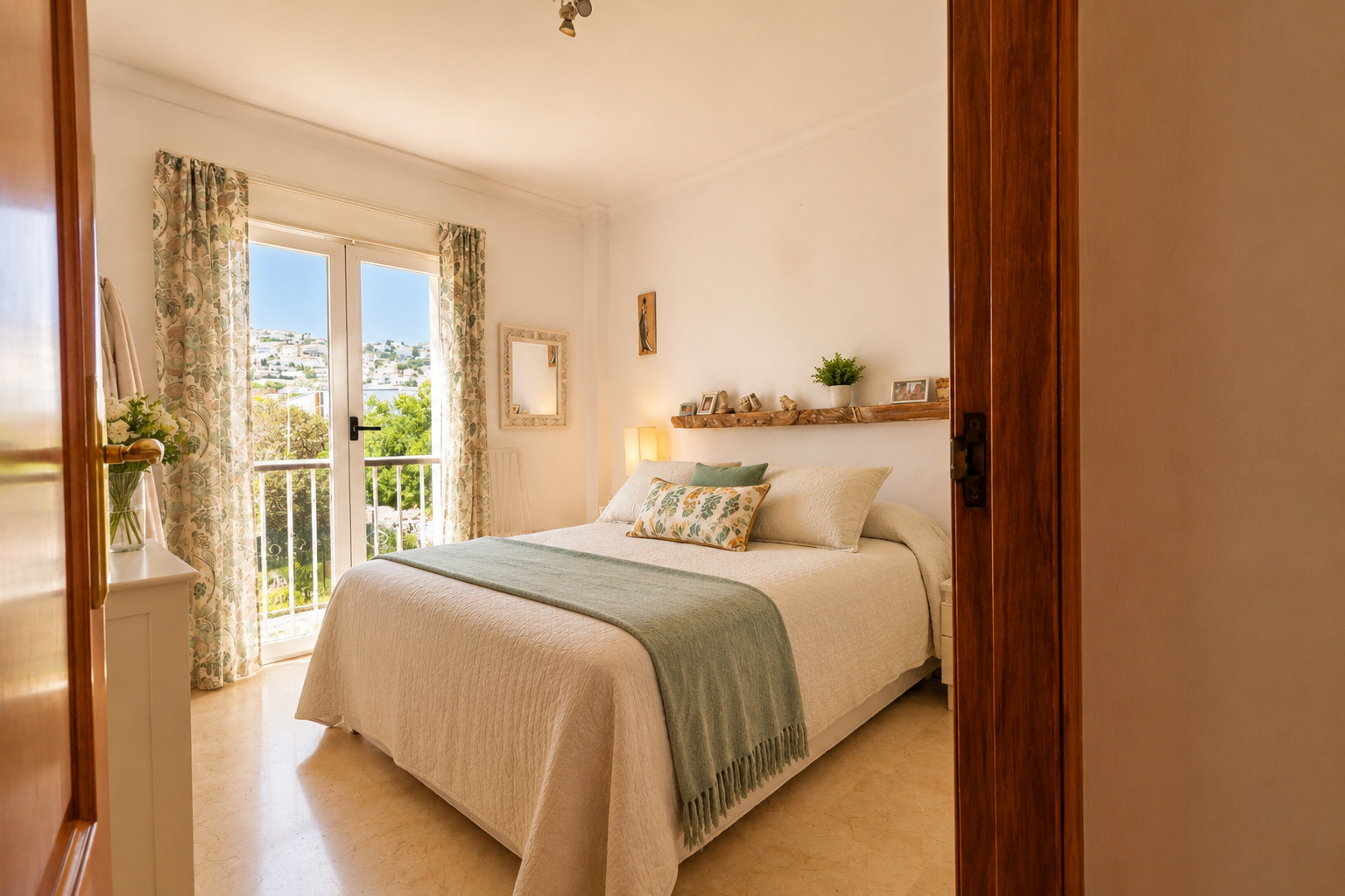 Chambre principale lumineuse avec accès direct au balcon, offrant des vues sur la ville et la mer. Caractérisée par son sol en marbre clair et son étagère en bois rustique au-dessus du lit.