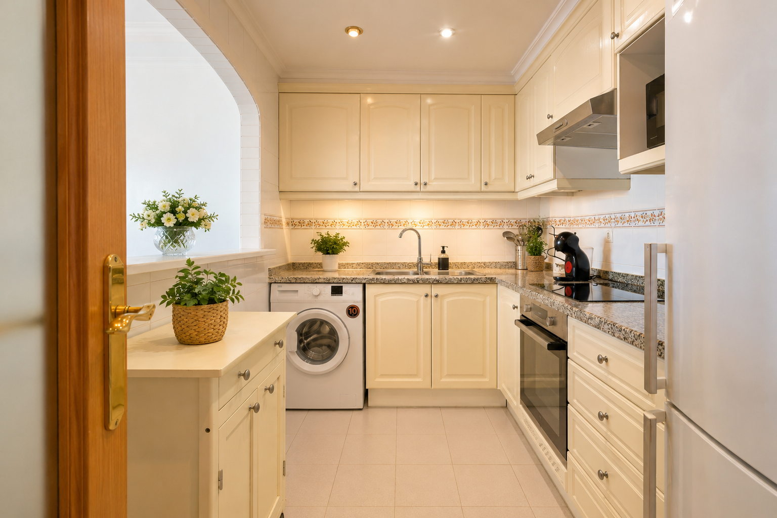 Cuisine fonctionnelle avec armoires crème, plans de travail en granit et électroménager intégré. Une ouverture arquée et une porte en bois encadrent l'espace.