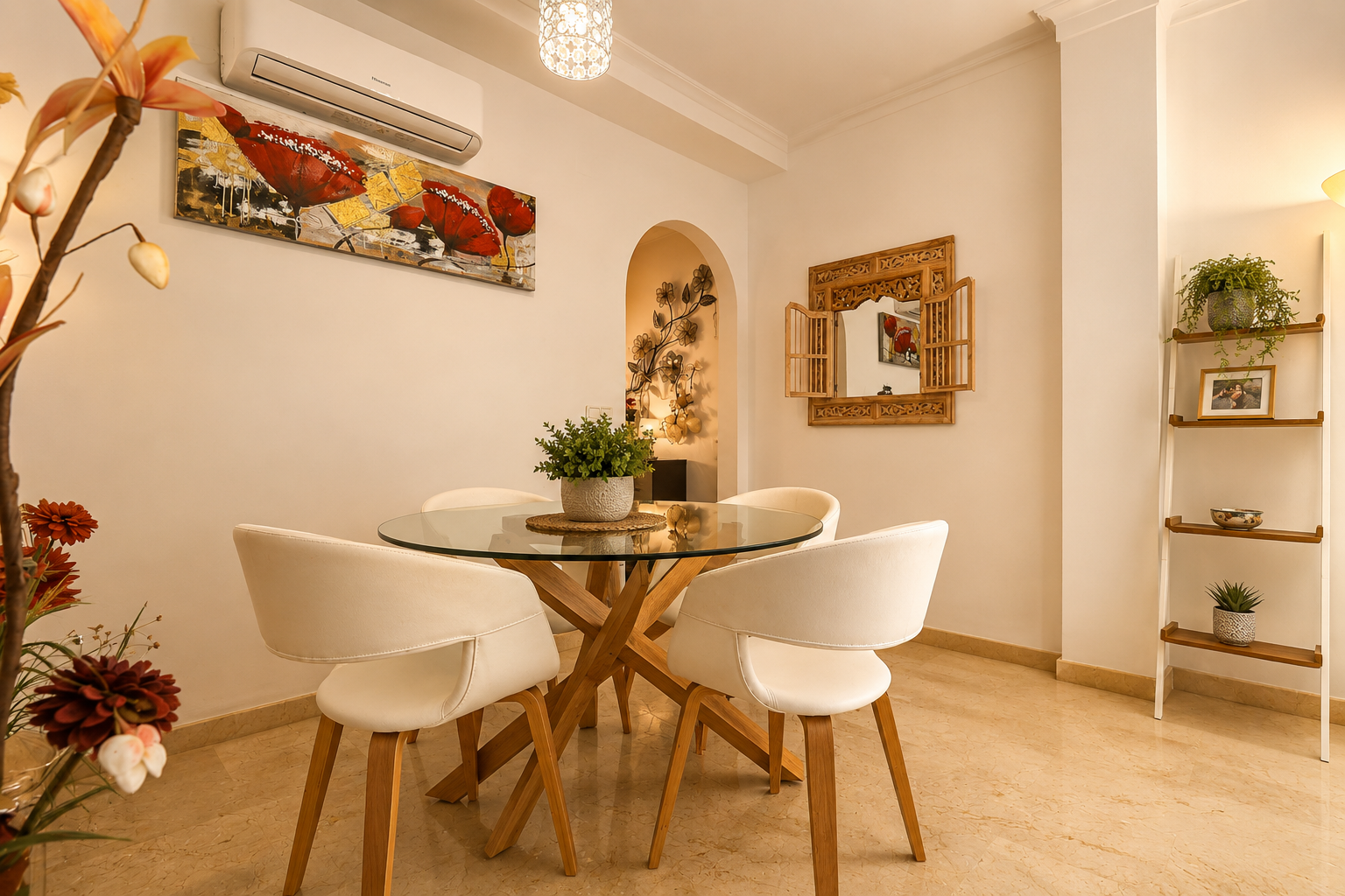 Salle à manger lumineuse avec table ronde en verre et piètement en bois, chaises blanches, sol en marbre clair et un miroir en bois sculpté, complétée par une étagère décorative.