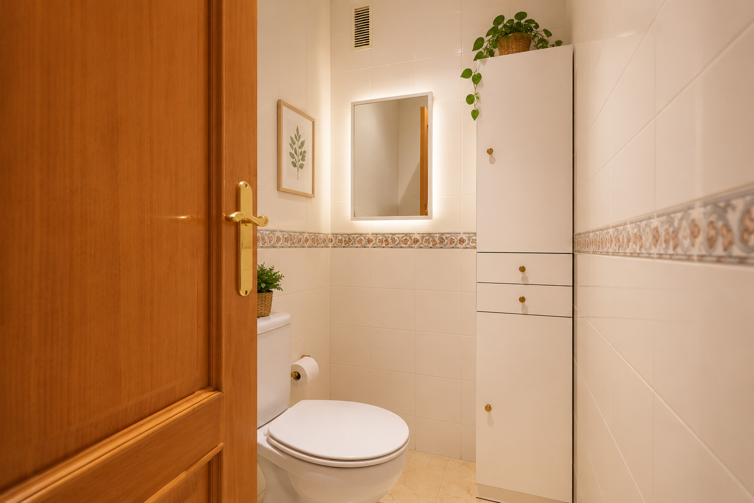 Salle de bain fonctionnelle avec murs carrelés crème et frise décorative, toilettes blanches et miroir rétroéclairé. Un meuble de rangement blanc à poignées dorées et une porte en bois sont visibles.