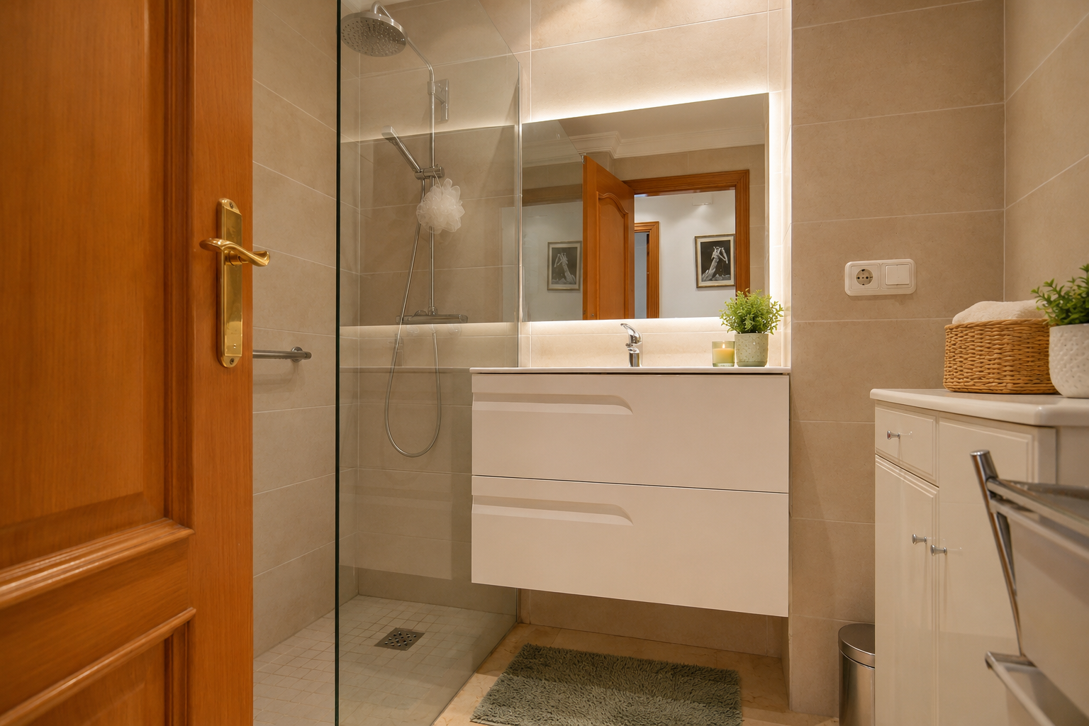Salle de bain moderne avec meuble-lavabo suspendu blanc et miroir éclairé. Elle dispose d'une douche à l'italienne vitrée, de murs carrelés beiges et d'un sol en marbre clair.