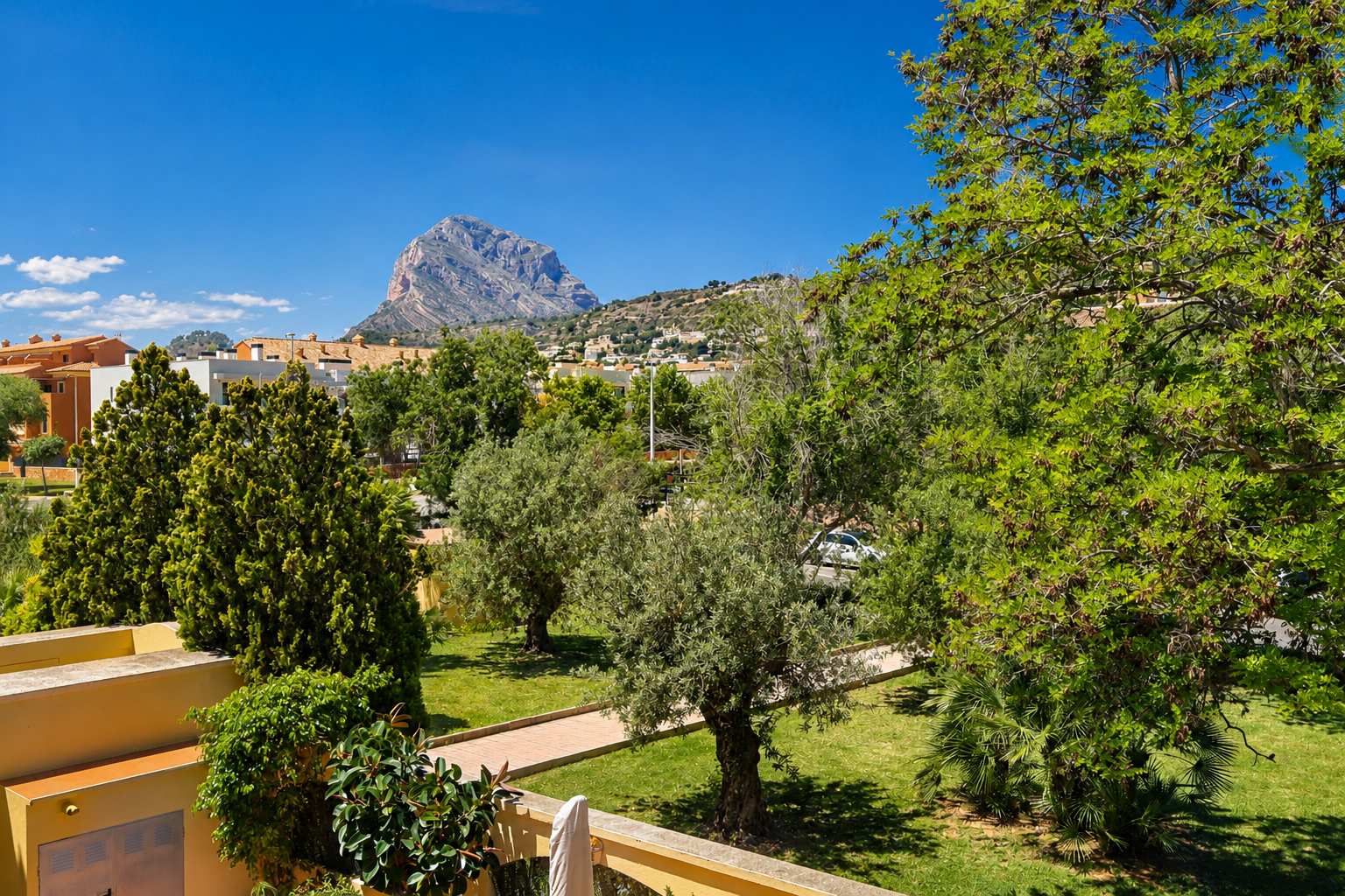 Vue depuis la terrasse sur les jardins communautaires bien entretenus avec des oliviers, un sentier pavé et l'imposant Montgó sous un ciel bleu clair.