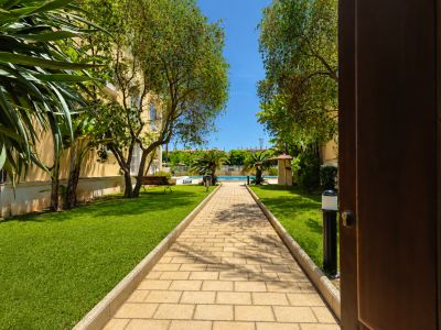 Chemin pavé traversant les jardins communs luxuriants, menant à la piscine et aux palmiers sous un ciel bleu. Vue depuis une porte ouverte.