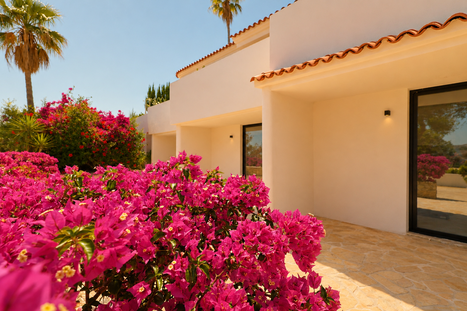 Bougainvilliers fuchsia éclatants au premier plan devant une façade méditerranéenne claire, ornée de tuiles en terre cuite et d'un chemin dallé de pierre. Les fenêtres sombres reflètent l'environnement ensoleillé.