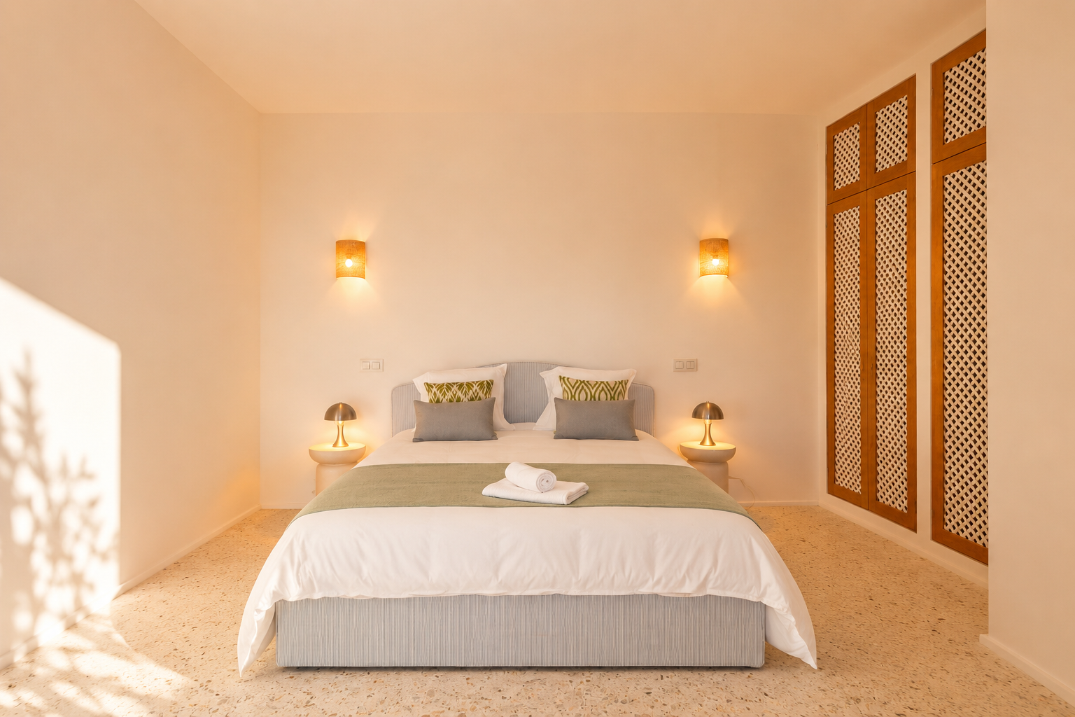 Chambre avec lit capitonné bleu clair, sol en terrazzo et éclairage chaleureux d'appliques murales tressées. Une armoire en bois à persiennes est visible à droite.
