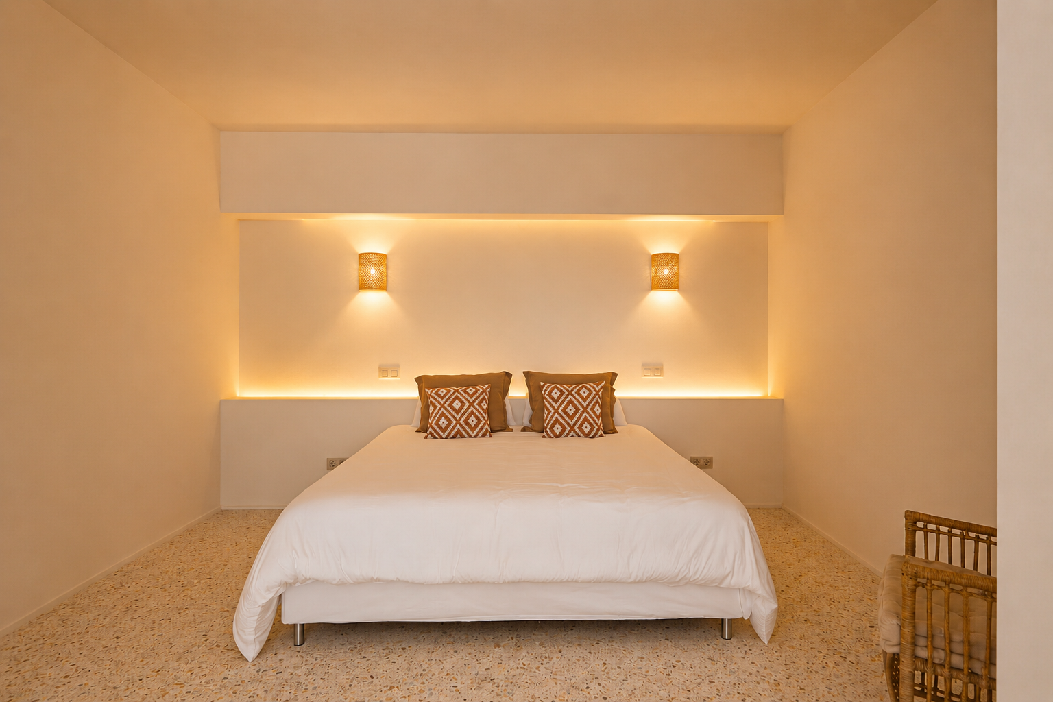 Chambre avec lit double, éclairage LED intégré dans la tête de lit et appliques murales en osier. Sol en terrazzo et coussins décoratifs.