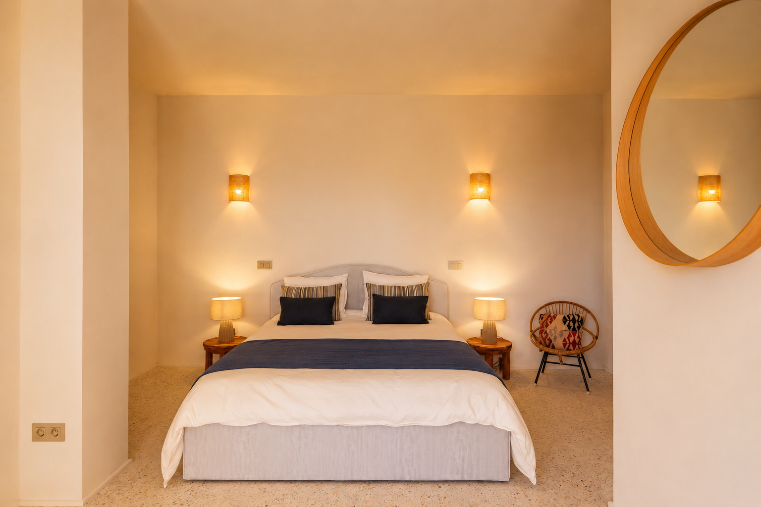 Chambre avec lit double, tables de chevet en bois et lampes de table en céramique. Des appliques murales en raphia et un miroir rond en bois ornent l'espace. Sol en terrazzo.