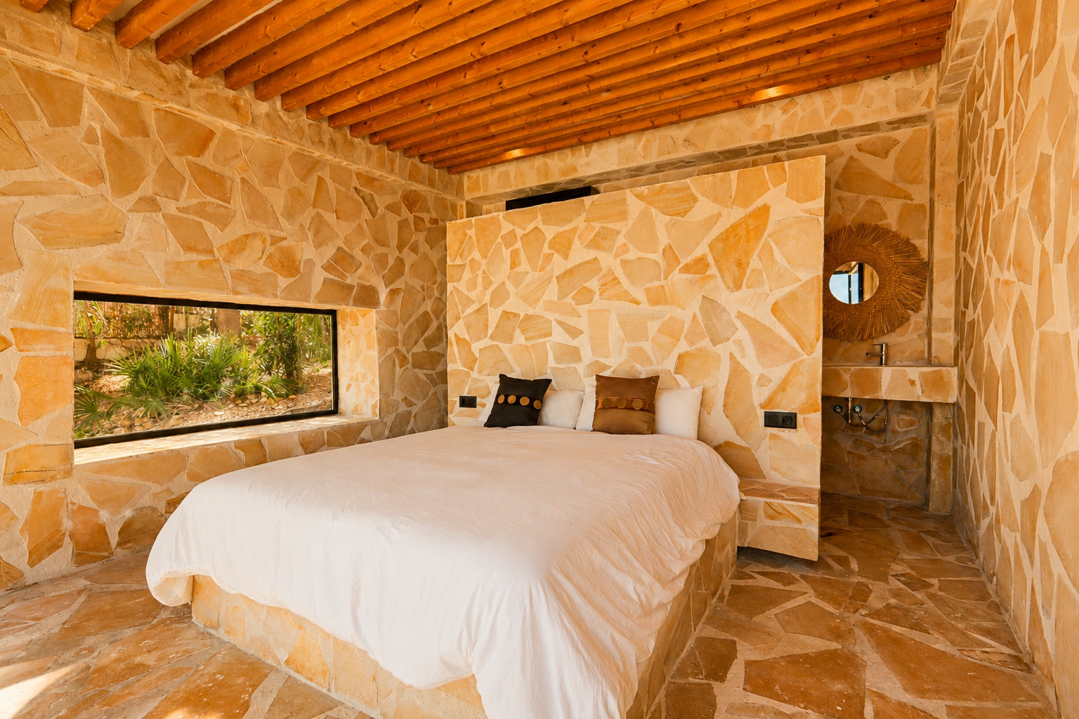 Chambre avec murs et sol en pierre naturelle irrégulière, plafond à poutres en bois et fenêtre horizontale sur la végétation. Un lavabo intégré avec miroir en rotin est présent.