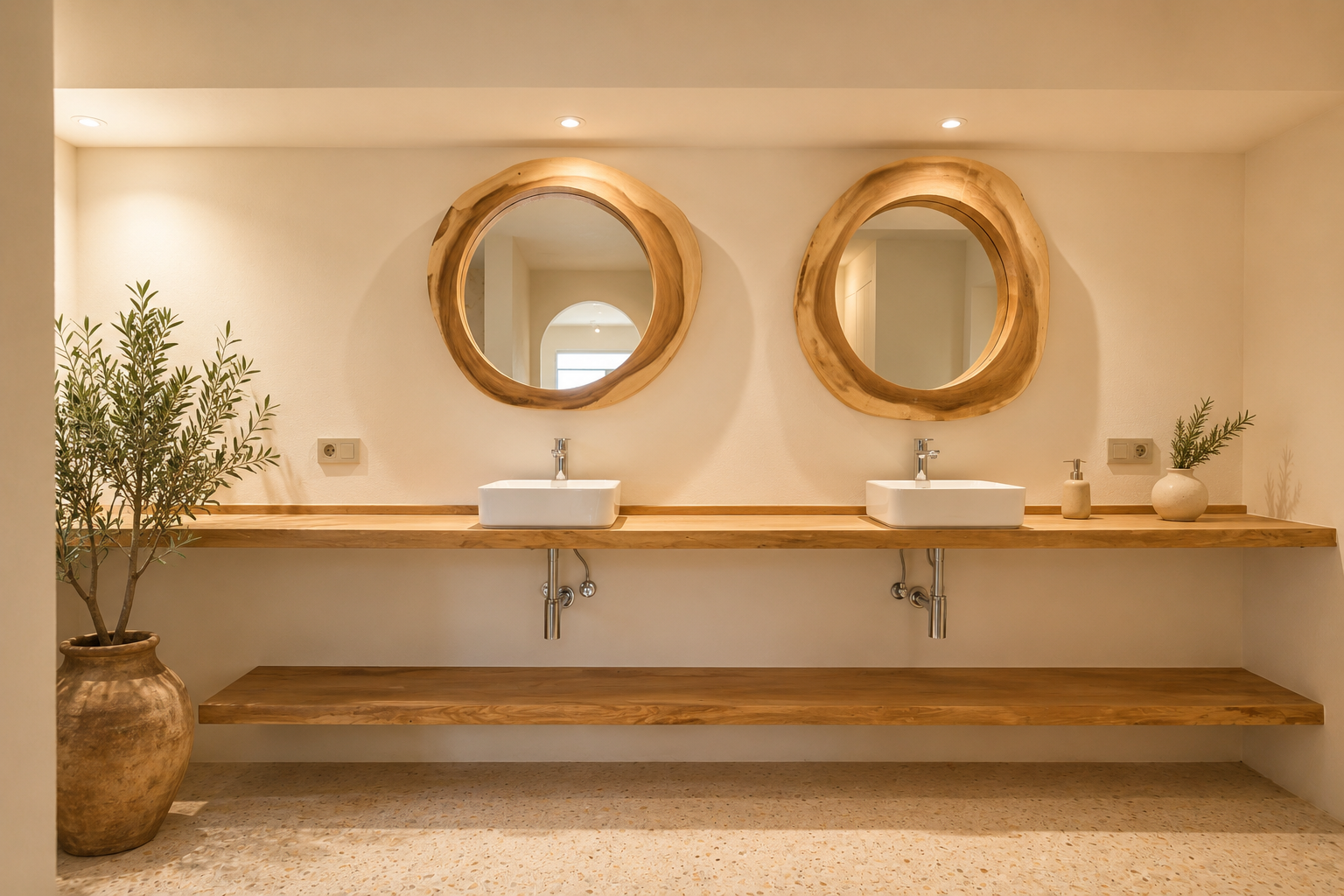 Double vasque avec miroirs en bois organique et étagères flottantes en bois clair. Un olivier en pot complète cet espace au sol en terrazzo.