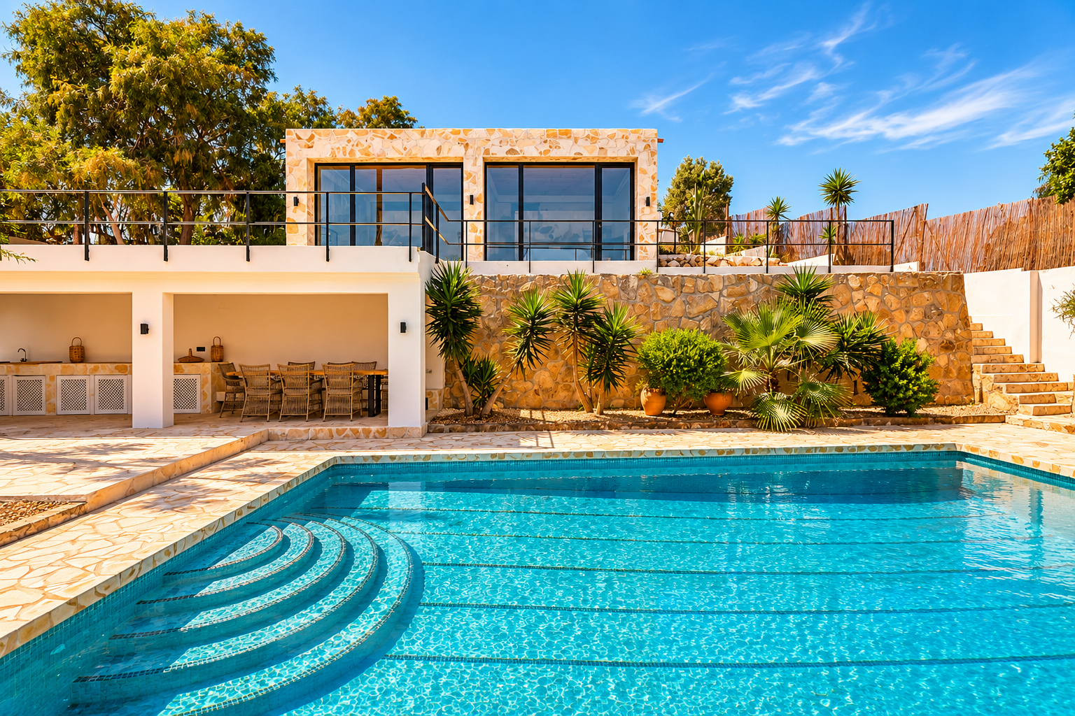 Grande piscine extérieure avec marches incurvées, bordée d'une terrasse pavée menant à un espace repas couvert et cuisine extérieure. Au-dessus, un bâtiment en pierre avec balcon et portes vitrées.
