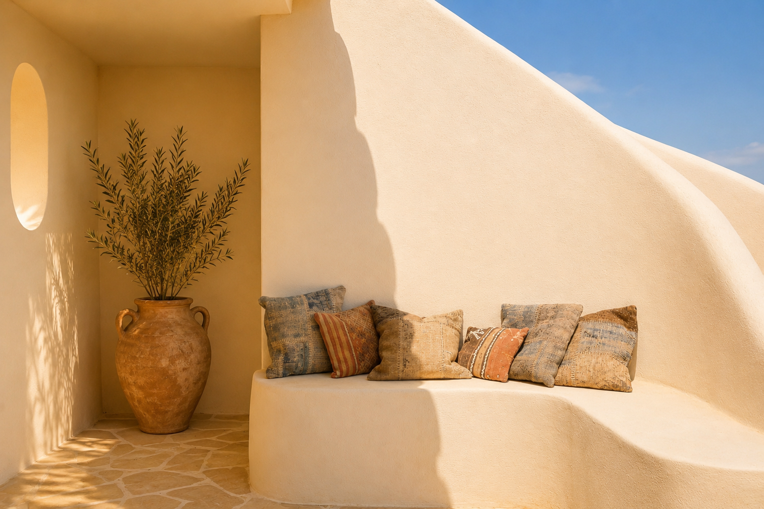 La suite parentale spacieuse présente un espace de couchage confortable avec accès direct à une terrasse privée, offrant des vues côtières étendues.