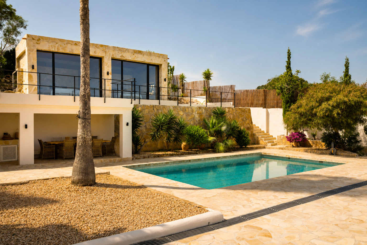 L'extérieur en terrasses de la villa révèle une piscine rectangulaire sur pavés de pierre irréguliers, un coin repas extérieur couvert et une façade en pierre avec grandes fenêtres.