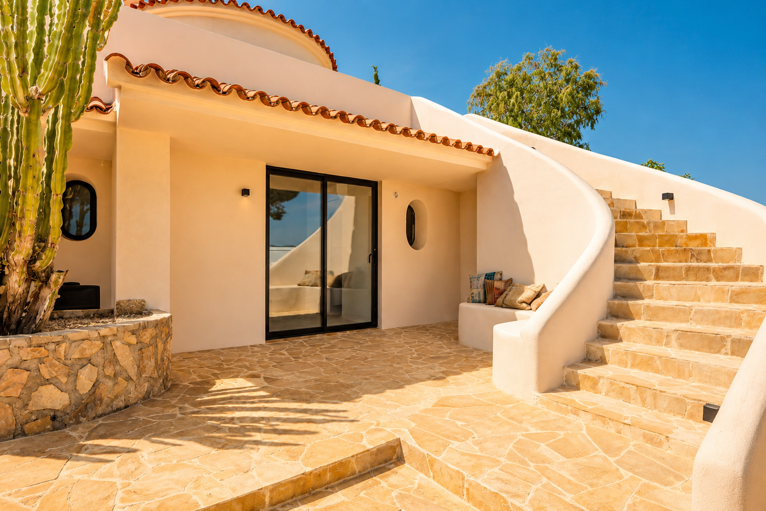 Patio extérieur avec pavé de pierre irrégulier aux tons chauds, escalier courbé et grand cactus. Comprend une porte coulissante en verre et un banc intégré dans le mur en stuc.