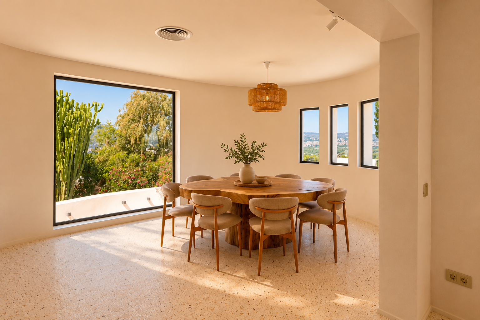 Salle à manger lumineuse avec table en bois organique pour huit personnes et sol en terrazzo. De grandes fenêtres incurvées encadrent la végétation luxuriante et des vues lointaines.