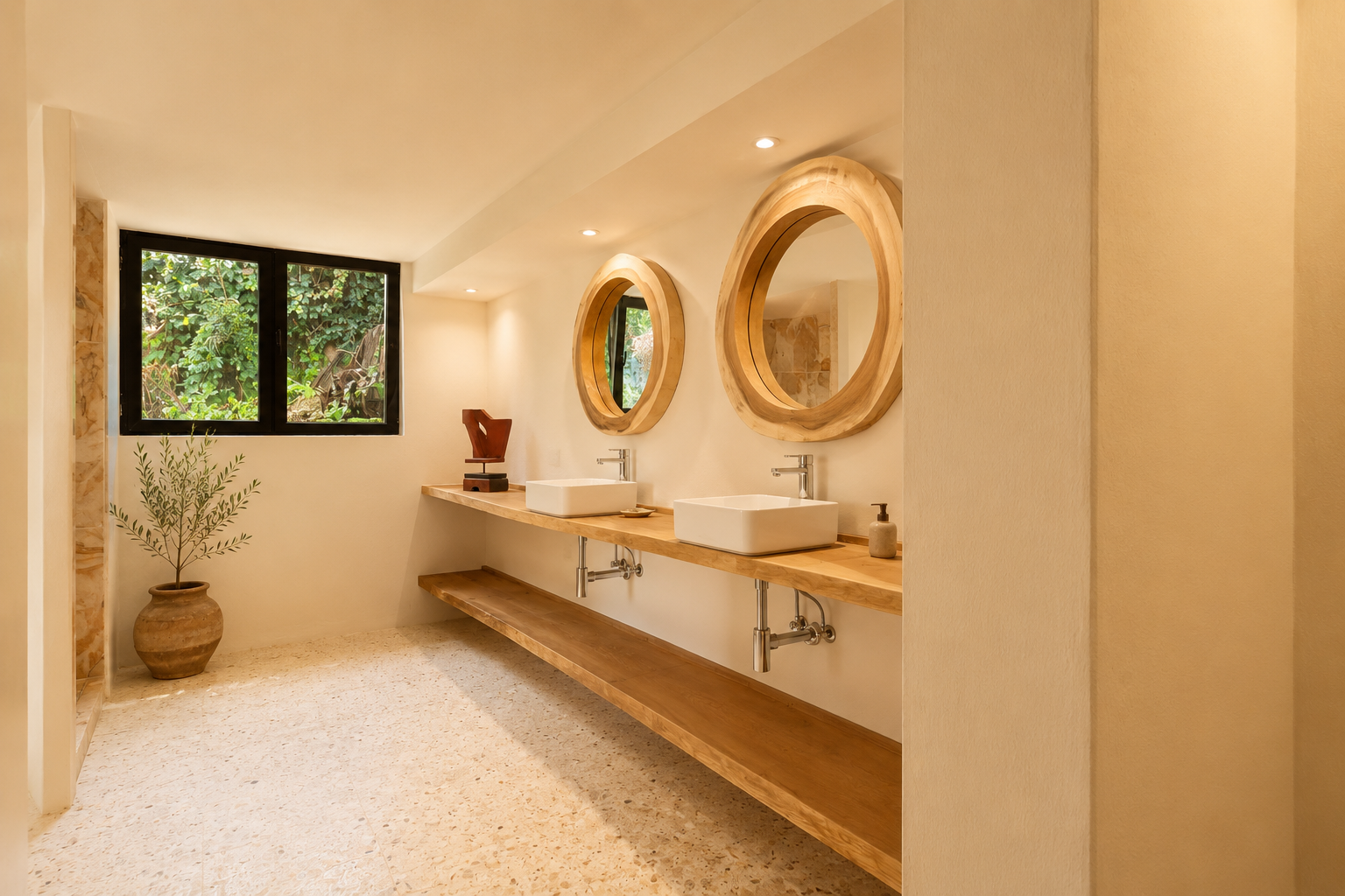 Salle de bain avec double vasque en bois, lavabos rectangulaires blancs et grands miroirs ronds aux cadres en bois naturel. Une fenêtre donne sur la verdure, complétant le sol en terrazzo clair.