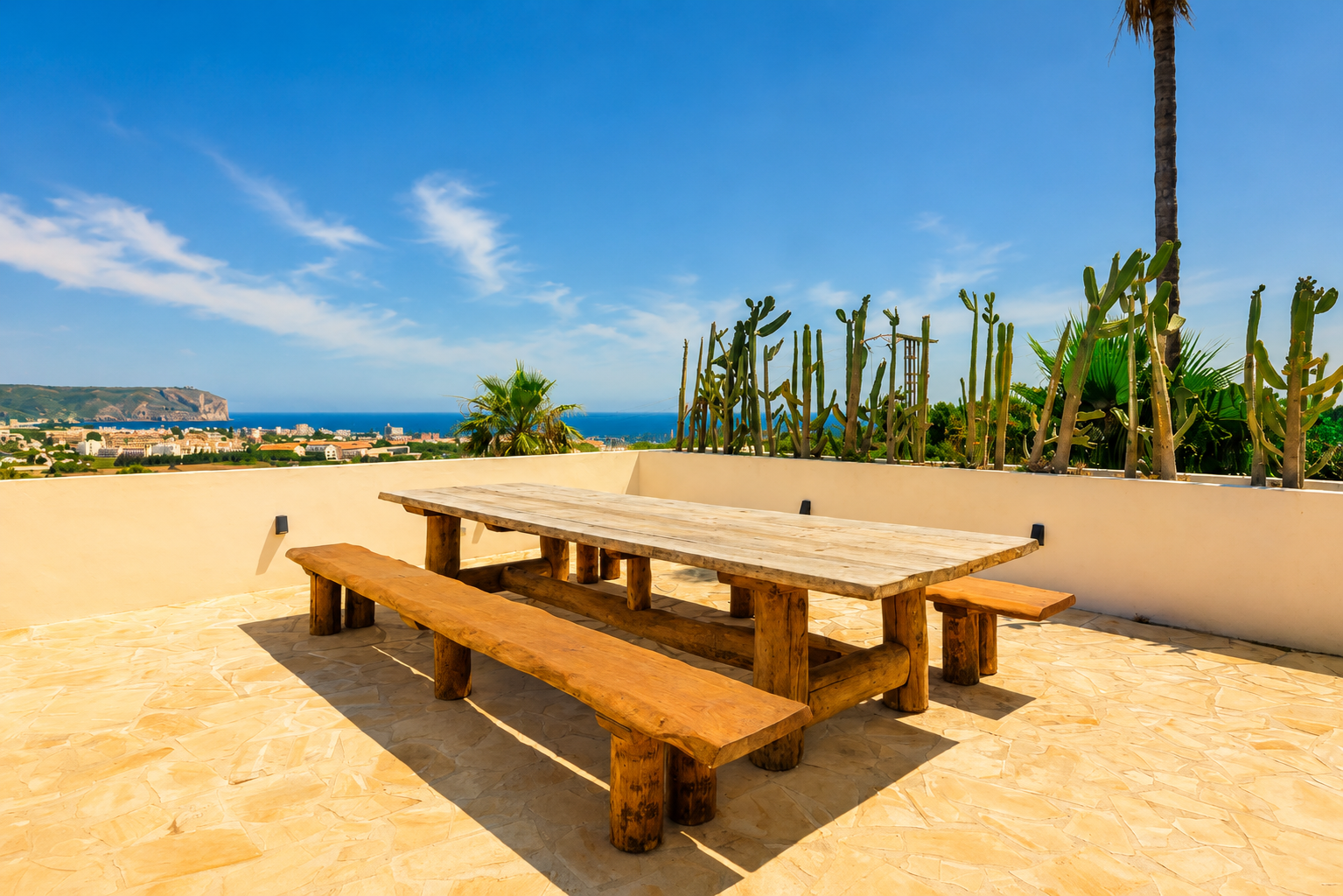 Terrasse extérieure avec table et bancs en bois rustique, sol en pierre claire, offrant des vues panoramiques sur la mer et la ville, bordée de cactus.