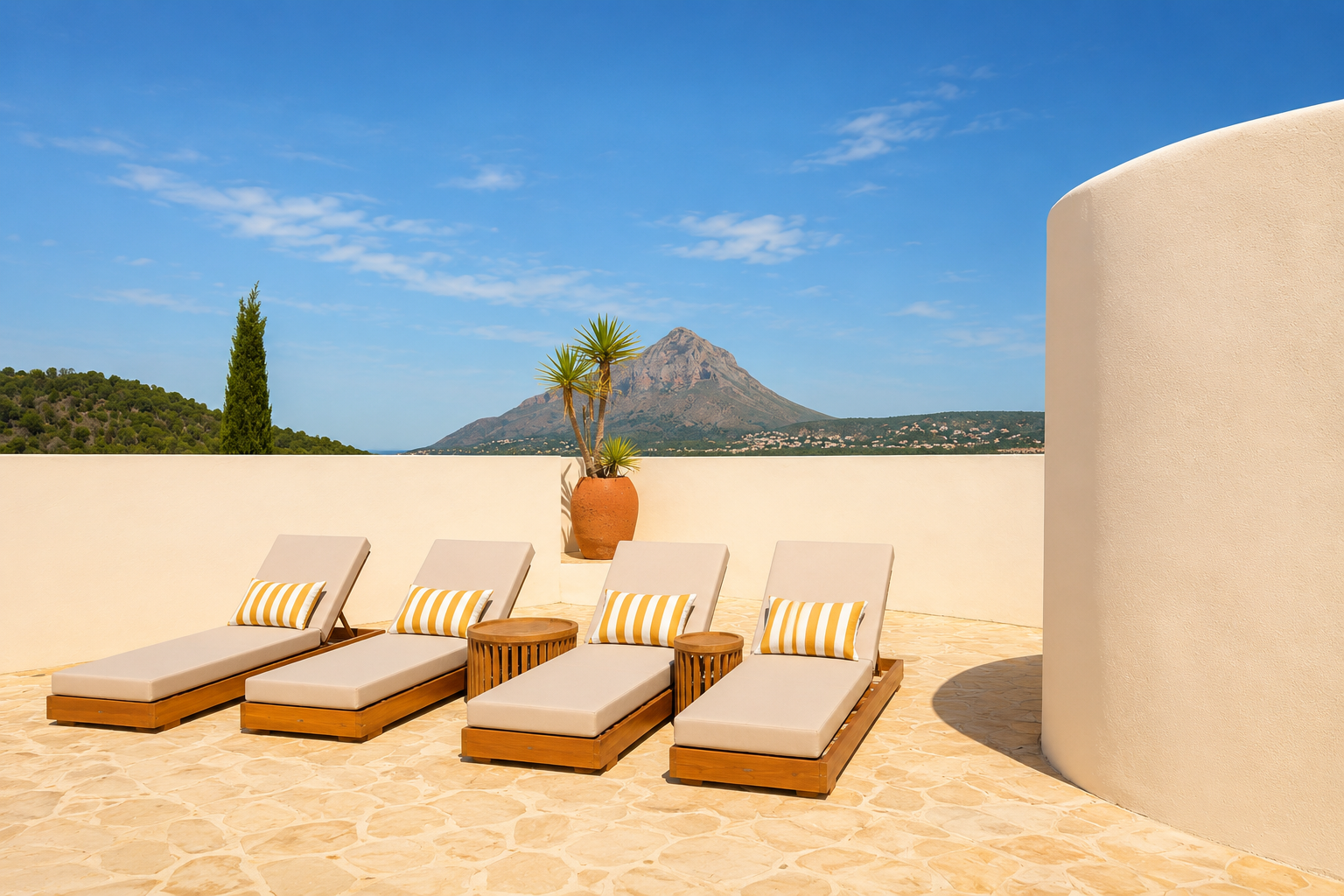 Terrasse solarium avec quatre chaises longues en bois, coussins rayés, pavé en pierre et vues panoramiques sur le Montgó et la mer lointaine.