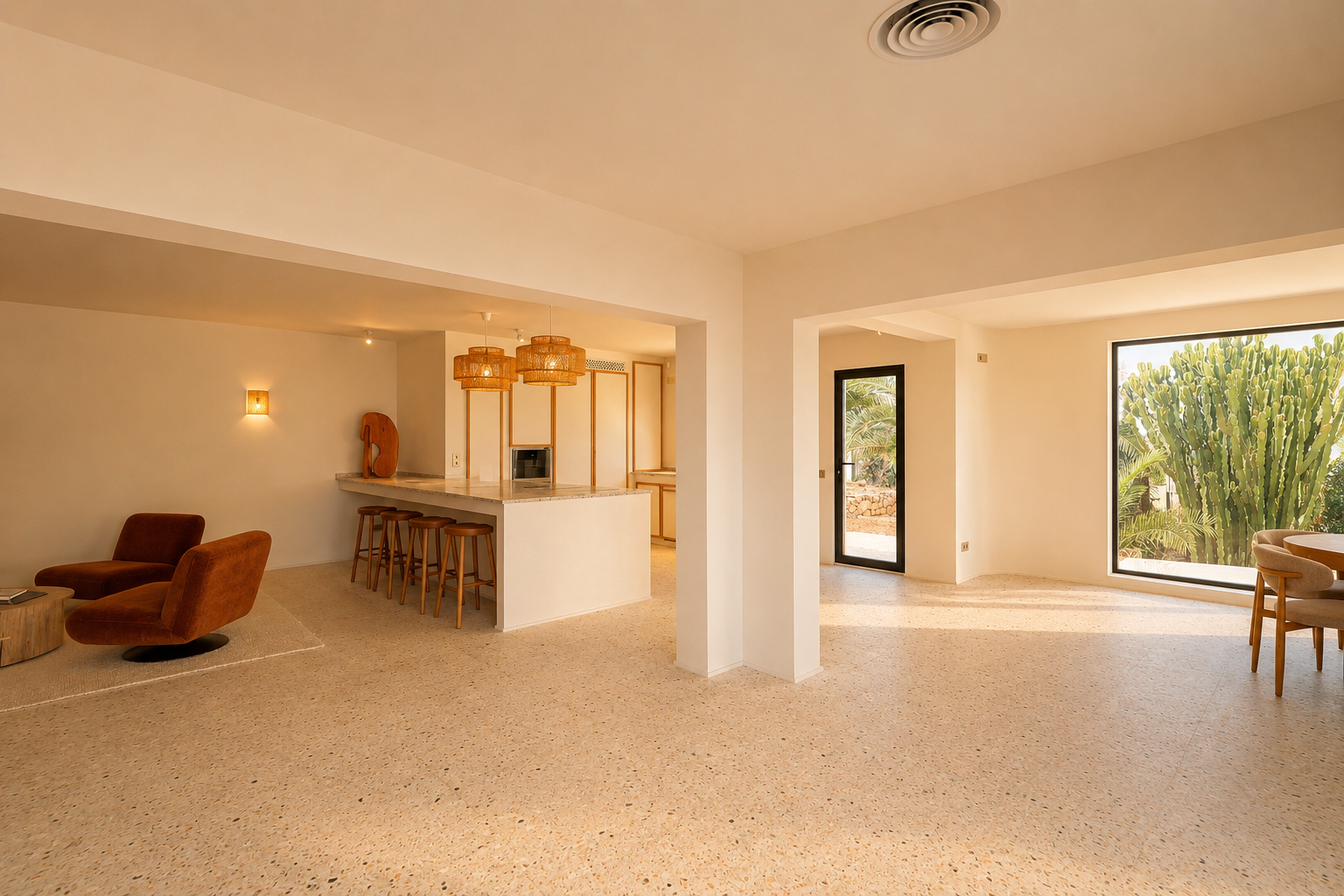 Vaste espace de vie ouvert avec sol en terrazzo, intégrant une cuisine avec îlot et un coin salon, baigné de lumière naturelle et offrant des vues sur la végétation extérieure luxuriante.