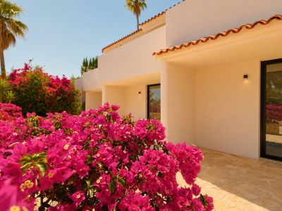 Bougainvilliers fuchsia éclatants au premier plan devant une façade méditerranéenne claire, ornée de tuiles en terre cuite et d'un chemin dallé de pierre. Les fenêtres sombres reflètent l'environnement ensoleillé.