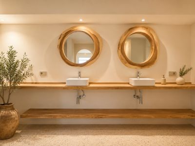 Double vasque avec miroirs en bois organique et étagères flottantes en bois clair. Un olivier en pot complète cet espace au sol en terrazzo.