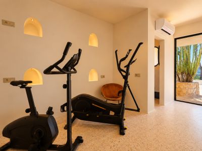 Espace fitness équipé d'un vélo d'appartement et d'un elliptique, avec des niches murales arquées illuminées et vue sur un jardin de cactus et les montagnes.