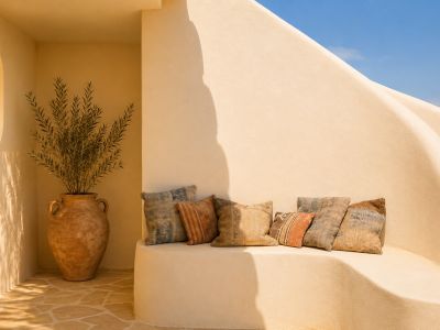 La suite parentale spacieuse présente un espace de couchage confortable avec accès direct à une terrasse privée, offrant des vues côtières étendues.