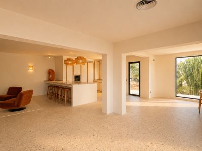 Vaste espace de vie ouvert avec sol en terrazzo, intégrant une cuisine avec îlot et un coin salon, baigné de lumière naturelle et offrant des vues sur la végétation extérieure luxuriante.