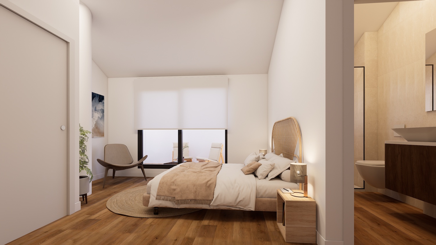 Chambre principale avec parquet chaleureux, tête de lit en rotin et accès direct à une terrasse privée. La salle de bain attenante avec meuble-lavabo suspendu est visible.
