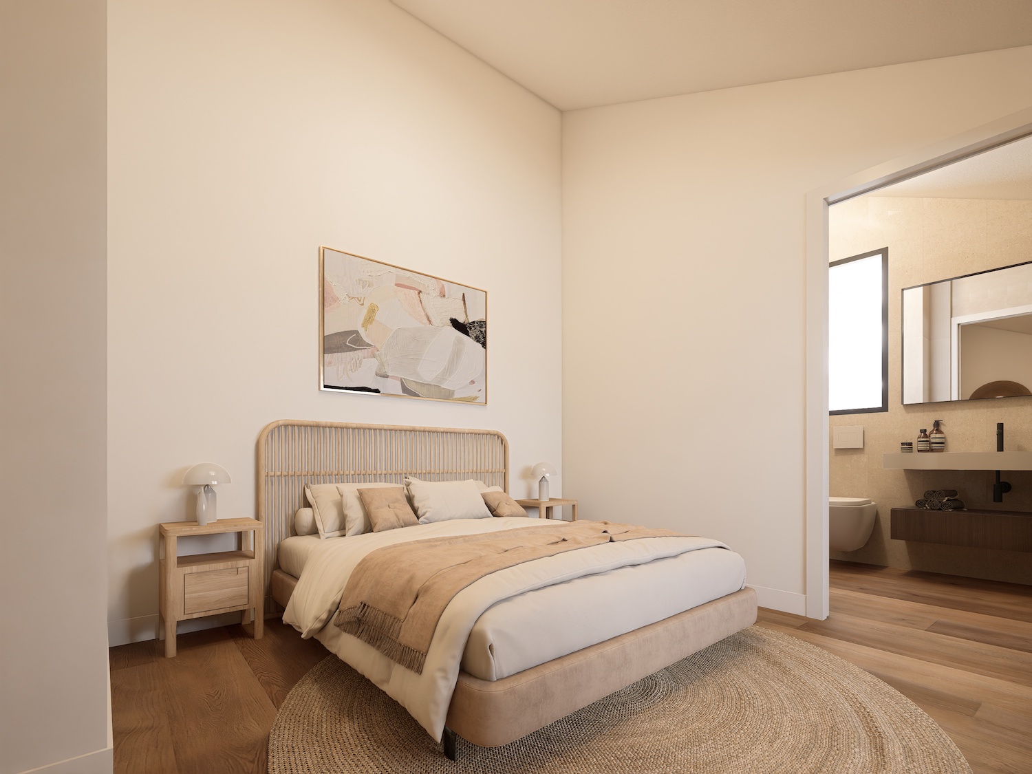 Chambre principale sereine avec tête de lit en rotin, tables de chevet en bois clair et tapis rond en fibres naturelles. Aperçu d'une salle de bain moderne avec meuble vasque suspendu.