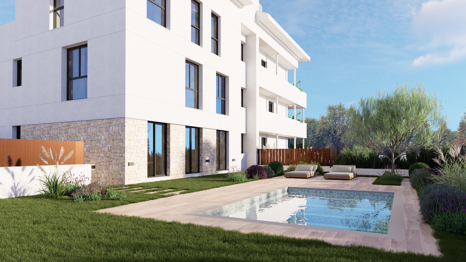 Immeuble d'appartements moderne avec façade blanche épurée et soubassement en pierre. Il offre un jardin privé avec piscine rectangulaire, revêtement aspect bois clair et deux chaises longues contemporaines.