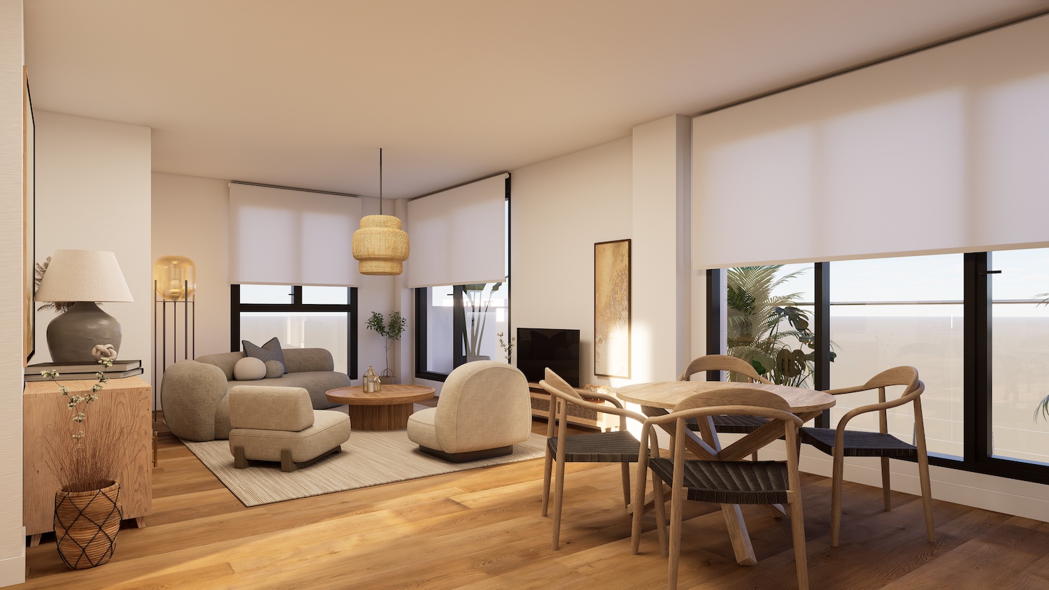 Lumineux salon-salle à manger ouvert avec parquet clair et grandes fenêtres. Il présente une table ronde en bois avec chaises tressées et un coin salon aux tons neutres, sous une suspension en fibres naturelles.
