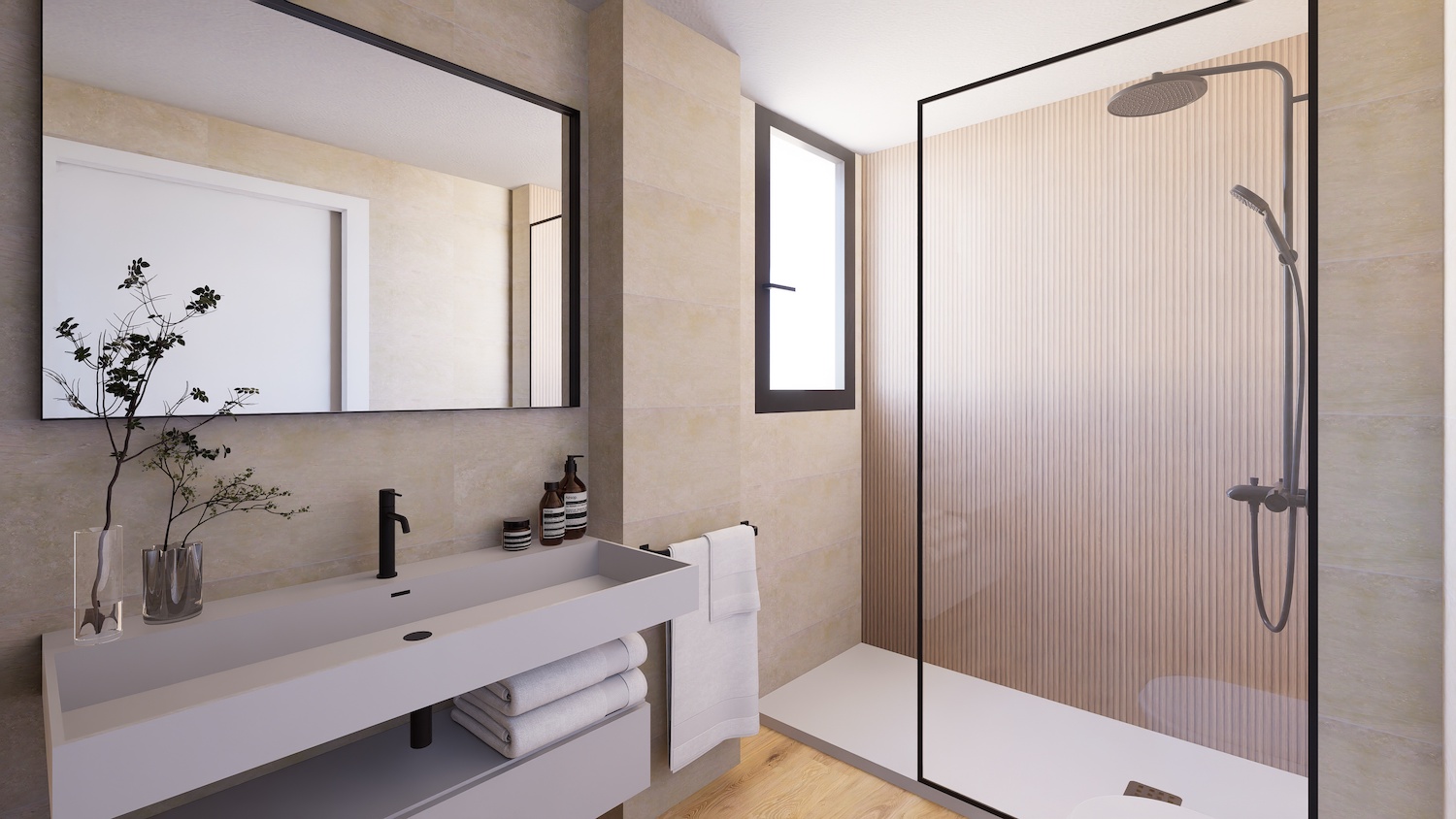 Salle de bain contemporaine avec lavabo rectangulaire, robinet noir et grand miroir. Douche à l'italienne avec panneau nervuré et pommeau de pluie, éclairée par une fenêtre verticale.