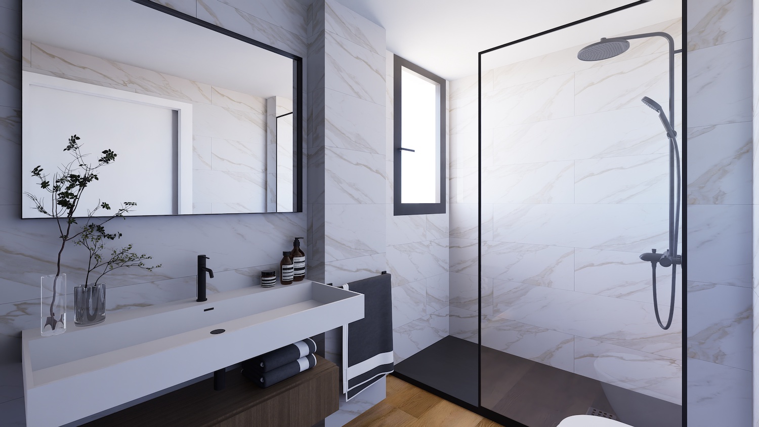 Salle de bain moderne avec carrelage mural effet marbre, meuble-lavabo suspendu en bois foncé et vasque blanche intégrée. Douche à l'italienne avec paroi vitrée et robinetterie noire, éclairée par une fenêtre haute.