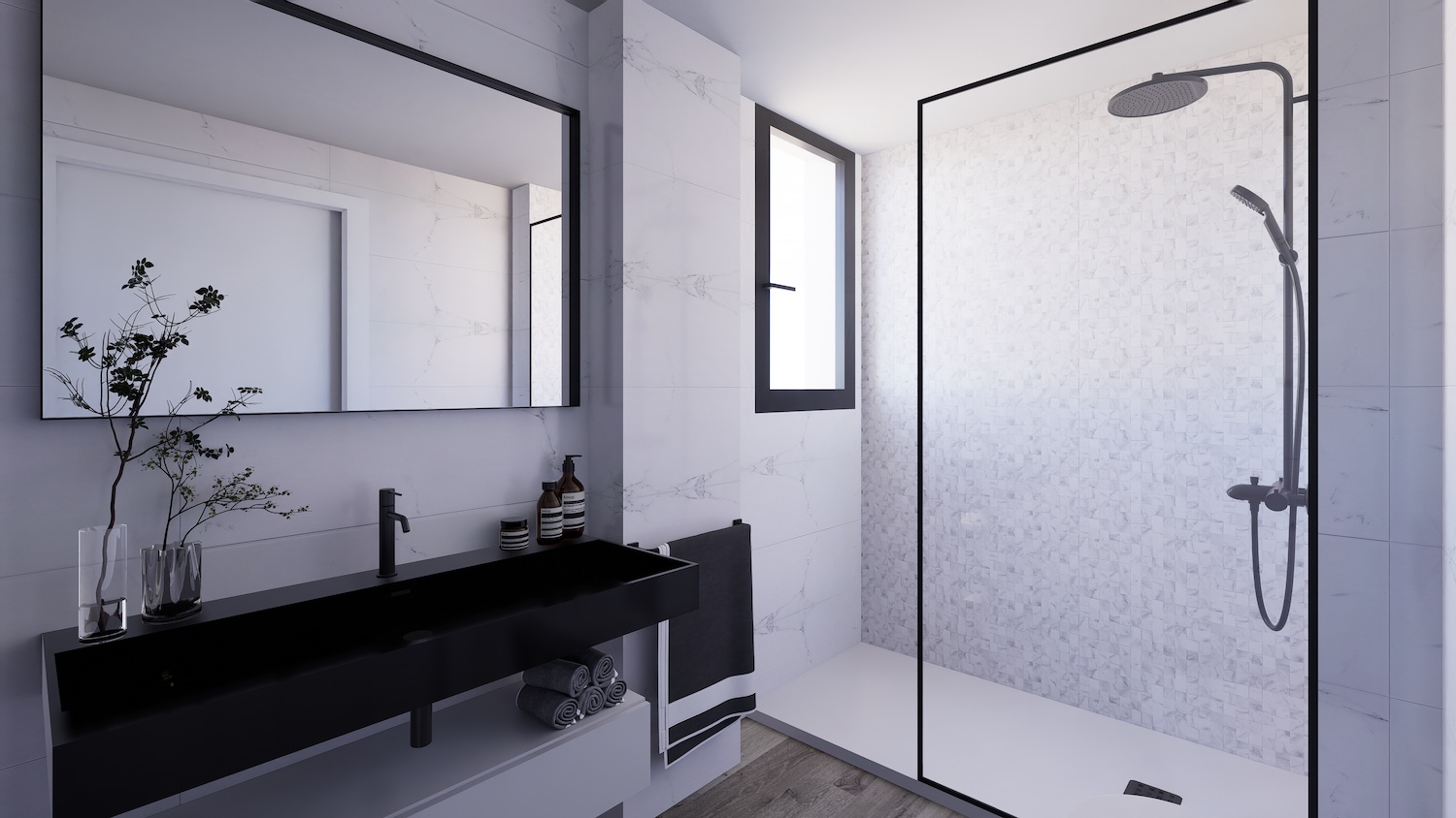 Salle de bain moderne : murs effet marbre blanc, lavabo flottant noir, grand miroir. Douche à l'italienne avec mosaïque blanche, pomme de douche noire, éclairée par une fenêtre.